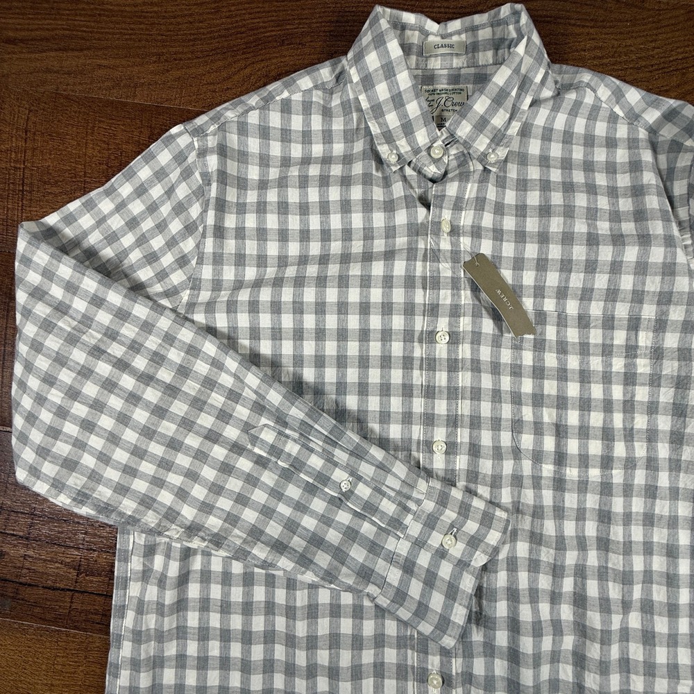 NWT J.Crew Secret Wash Shirt Mens M Grey Gingham Classic Fit Stretch AA265